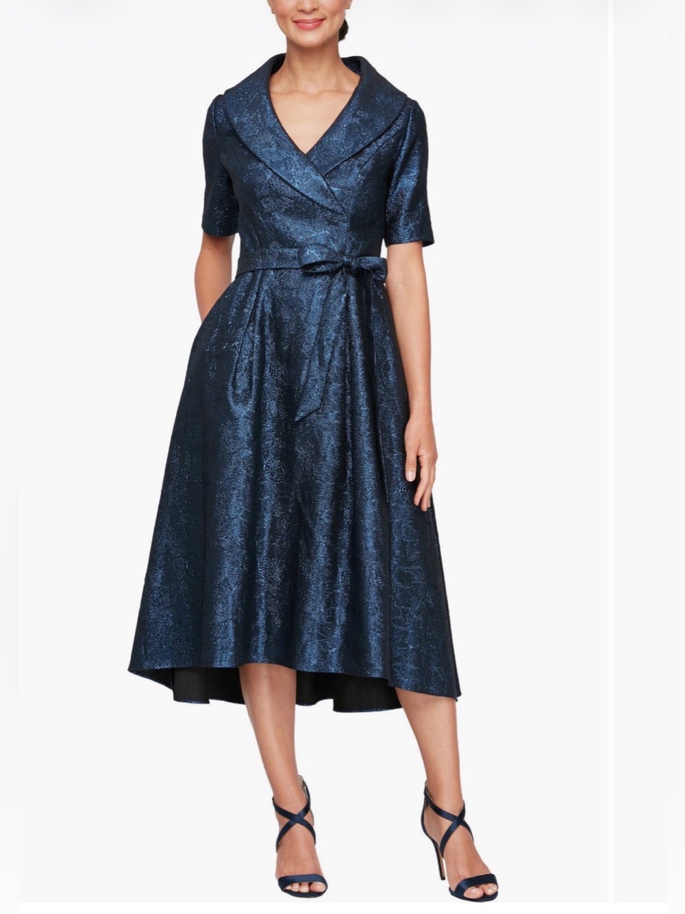 NWT Alex Evenings Blue Metallic Jacquard Portrait Collar Cocktail Midi Dress 4